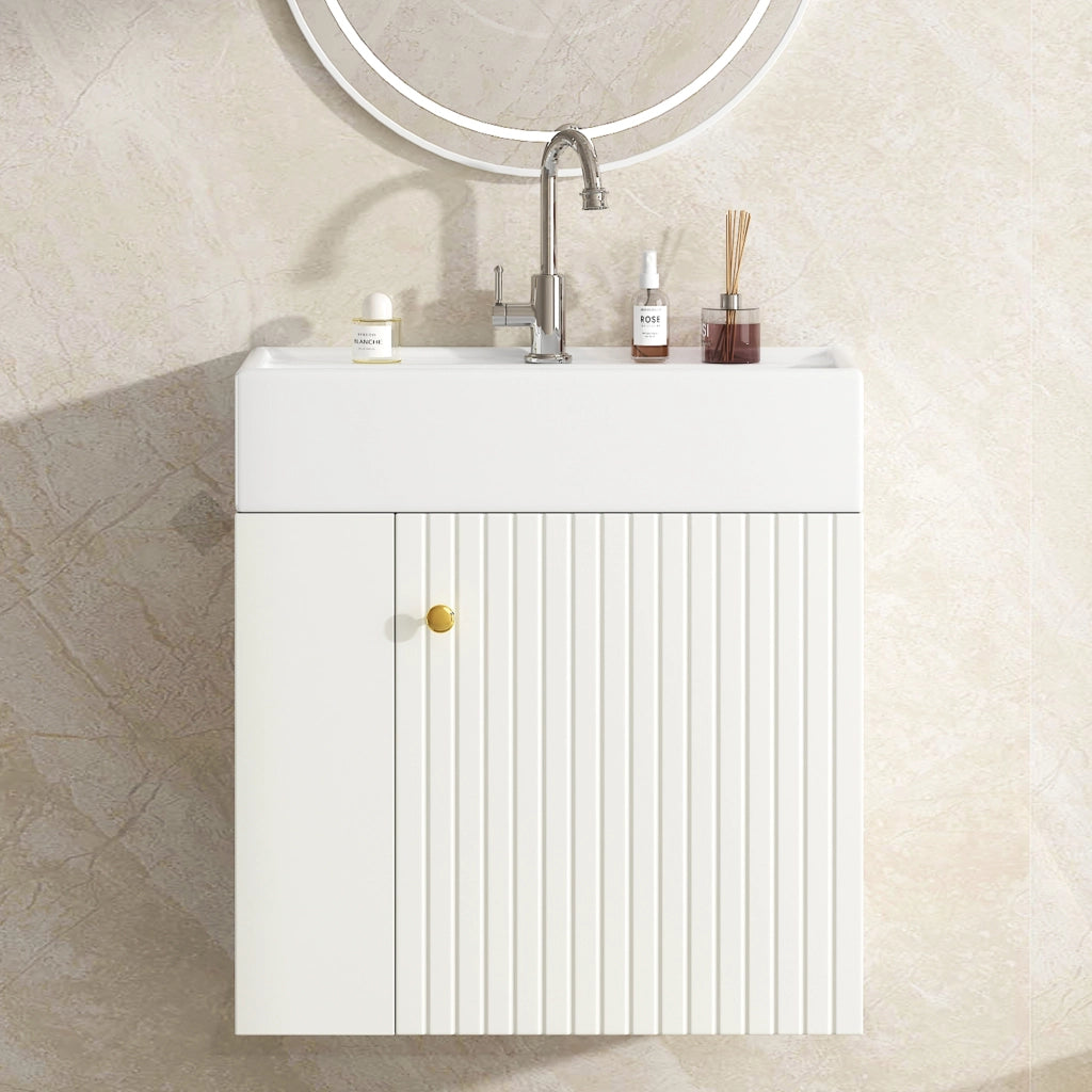 Mobile sottolavabo sospeso con lavabo integrato e vani laterali per bagno in truciolato bianco 69 × 52 × 32 cm