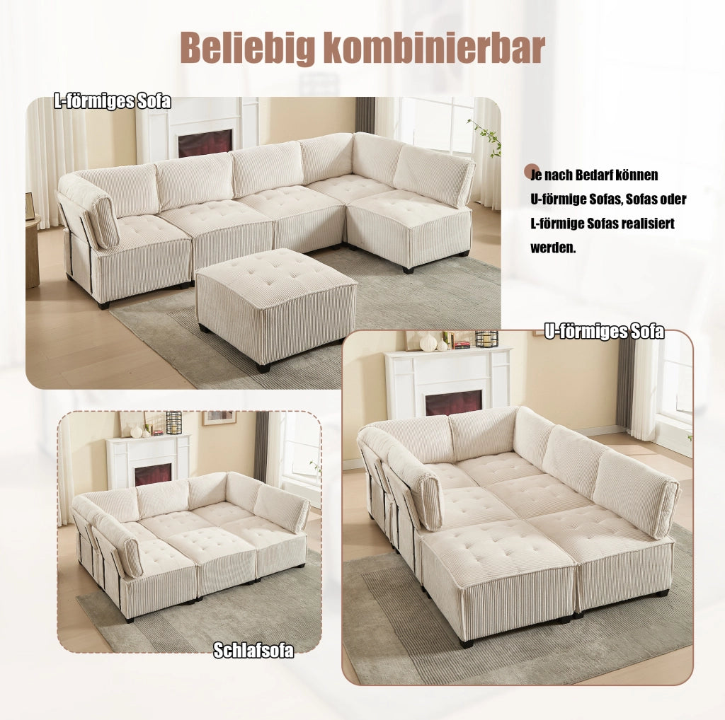 Divano modulare 6 posti in velluto a coste beige