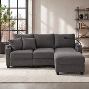 Divano angolare reversibile 3 a 4 posti con pouf, USB e vano portaoggetti, in velluto a coste, grigio scuro