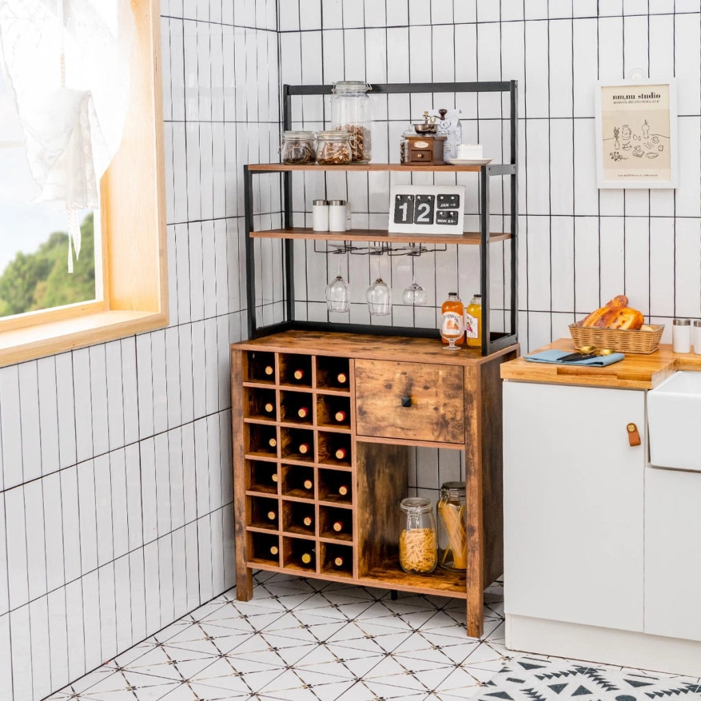 Mobile da cucina autoportante con portabottiglie e cassetto-Scaffale per pasticceria con portabicchieri Marrone
