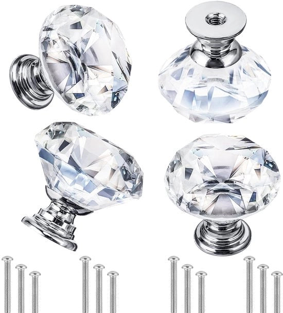 Maniglie per mobilio 4 pezzi - Forma cristallina - Argento - Lega di alluminio - Viti di fissaggio 20/25/30 mm - Buona relazione qualità-prezzo - Maniglie di caricamento