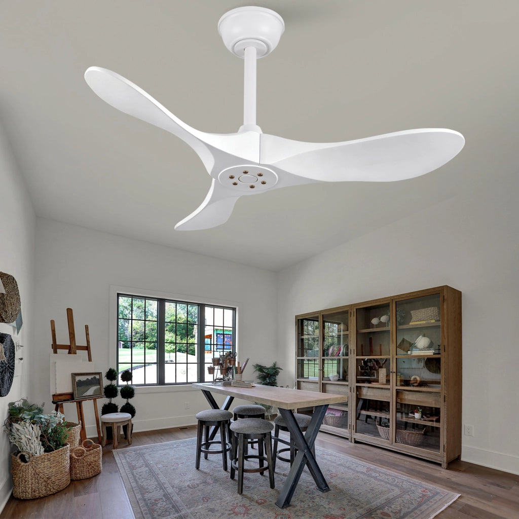 Ventilatore da soffitto bianco design moderno 36 pollici, 3 pale legno massello, senza illuminazione, motore DC reversibile silenzioso