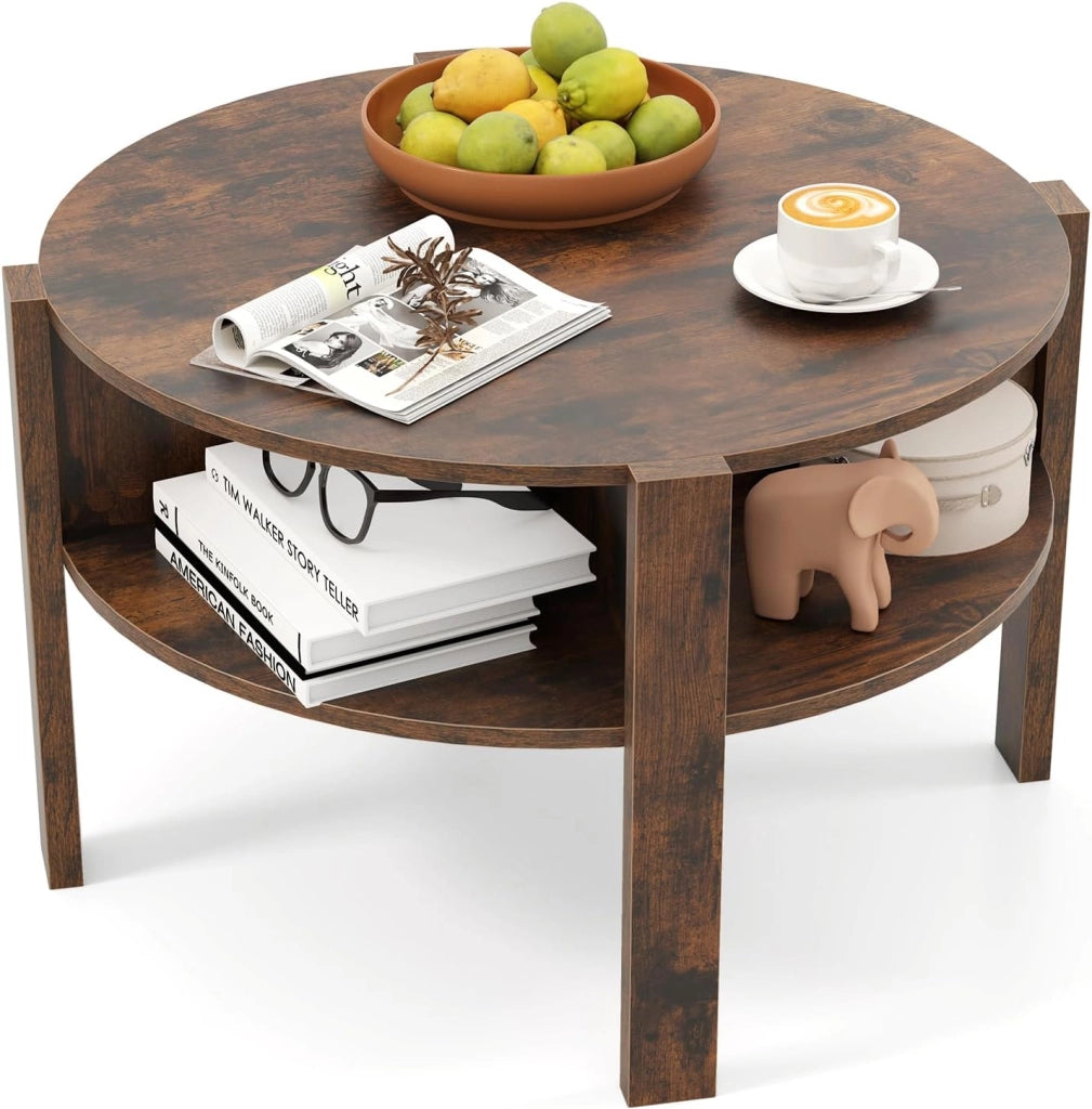 Tavolino da Caffè Rotondo con Ripiano Diviso a 4, Tavolino Basso in Legno Moderno, Tavolo per Salotto, Soggiorno e Cameretta, 74,5 x 74,5 x 45,5 cm (Marrone)