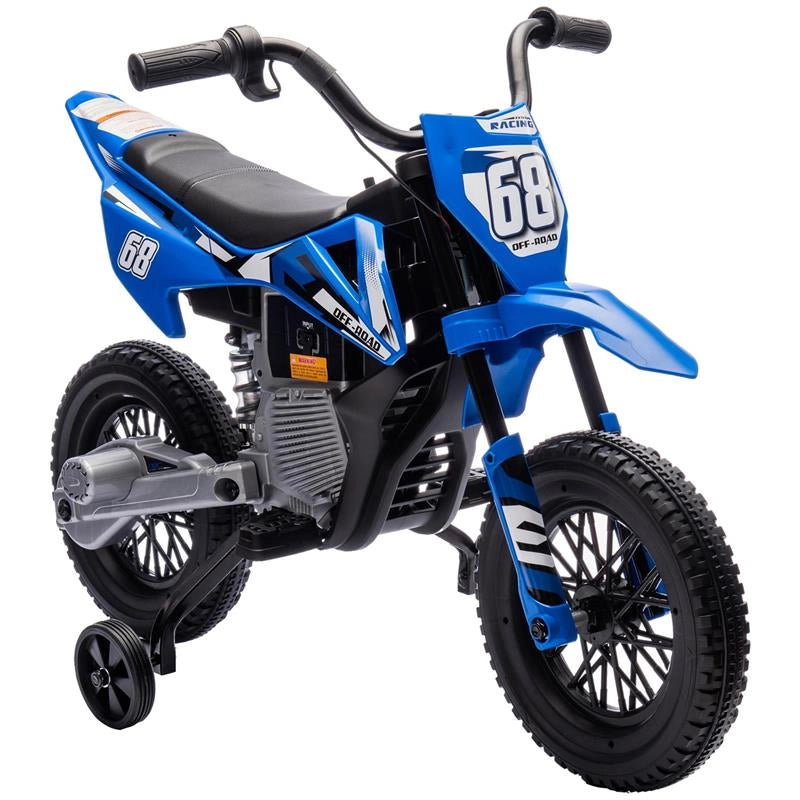 MOTO ELETTRICA PER BAMBINI CON ROTELLE RIMOVIBILI, SOSPENSIONI, SUONI E INDICATORE DI CARICA, BLU