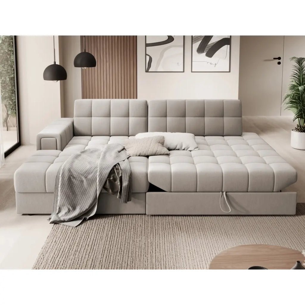 Divano angolare trasformabile CUBITO beige 240 cm con vano contenitore e letto