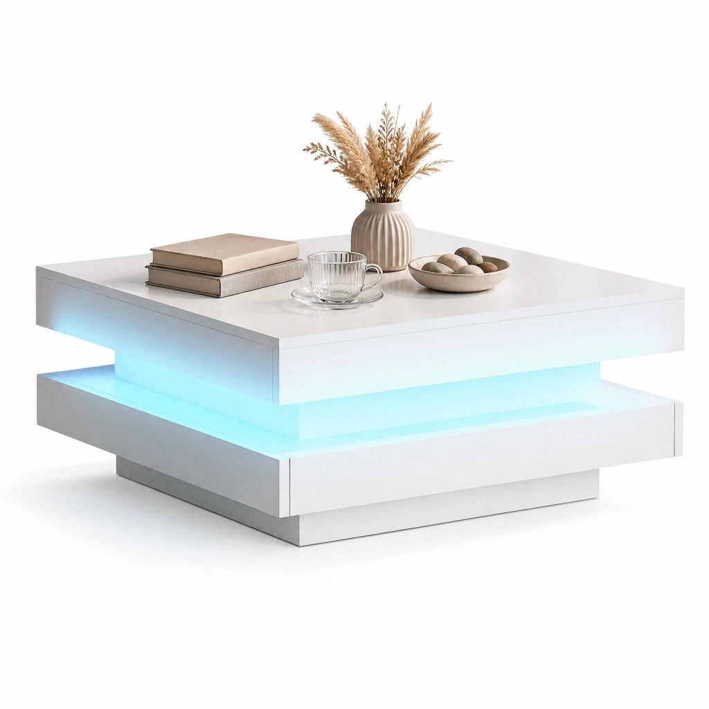 Tavolino da caffè quadrato con illuminazione LED Bluetooth USB; finitura lucida; in pannelli di particelle; bianco; 70 × 70 × 36 cm
