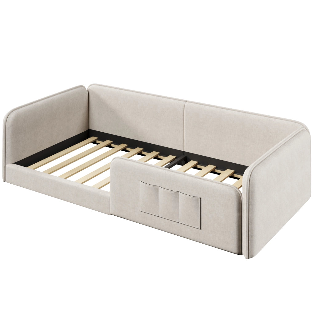 Letto imbottito per bambini 90x200 cm con parapetto perimetrale; schiuma antiurto; tasche laterali e rivestimento in lino beige