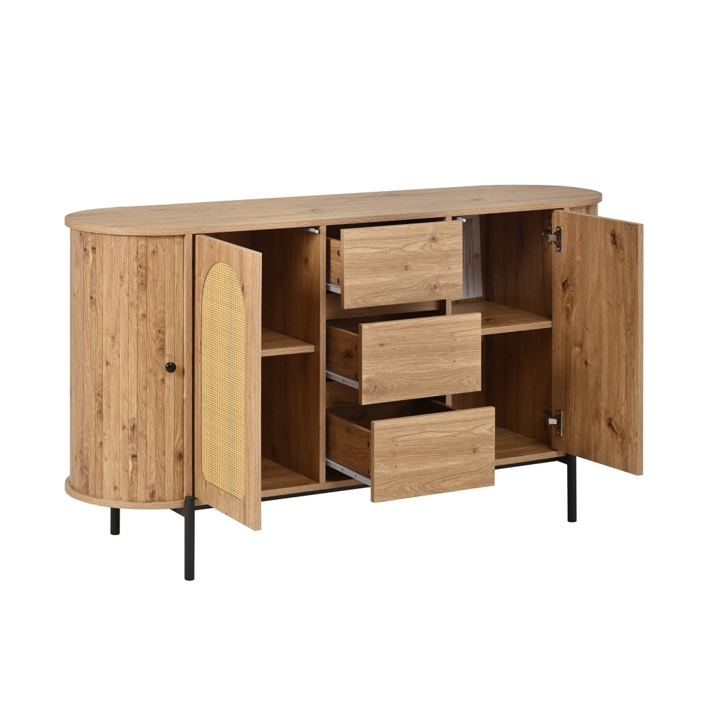 Credenza Ovale con Rattan ¨C Xylo ¨C Ante Scorrevoli, Cassetti, Ripiani, Effetto Legno, Gambe in Metallo