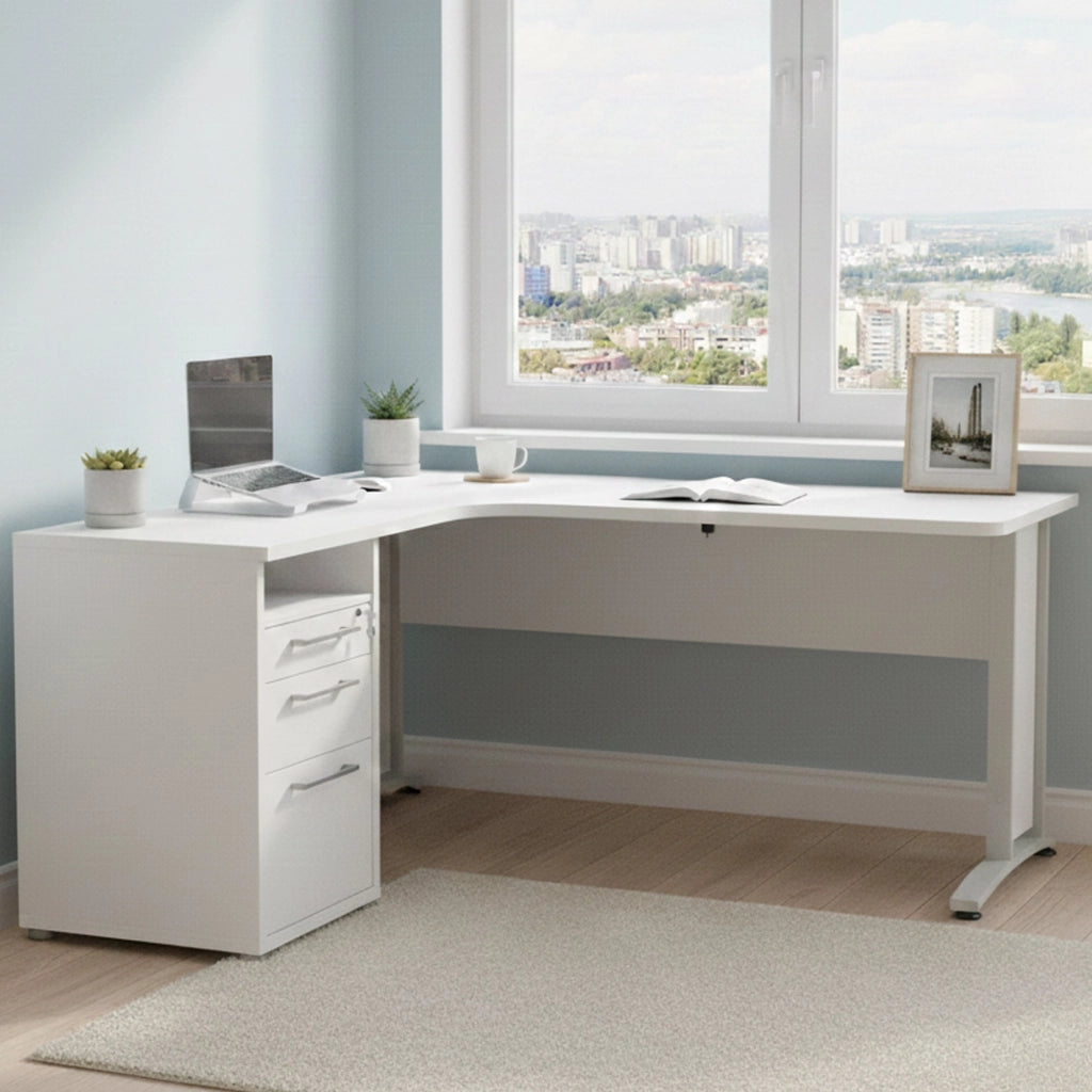 Scrivania Alfango, Scrittoio multiuso, Tavolo per ufficio porta PC, Piano di lavoro, 159x151 h75 cm, Bianco