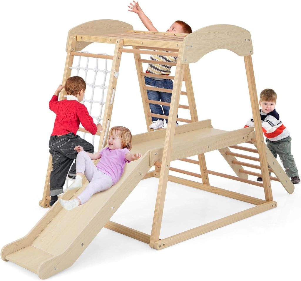 6 in 1 Set Arrampicata per Bambini, Palestra in Legno con Barre di Scimmia Scivolo Corda e Scale in Legno, Parco Giochi per Bambini 1+ Anni (Naturale)