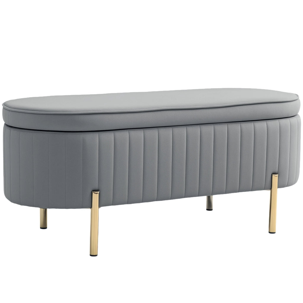 Panca Contenitore Ovale da 72L con Coperchio Sollevabile. in Tessuto Vellutato e Legno. 108x44x43.5 cm. Grigio