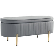 Panca Contenitore Ovale da 72L con Coperchio Sollevabile. in Tessuto Vellutato e Legno. 108x44x43.5 cm. Grigio