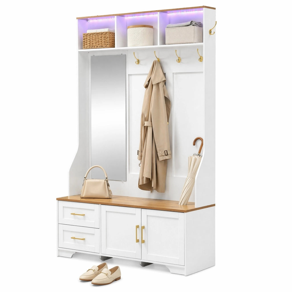 Mobile ingresso multifunzionale con LED; specchio; ganci e cassetti; 120x40x187 cm; MDF bianco e legno