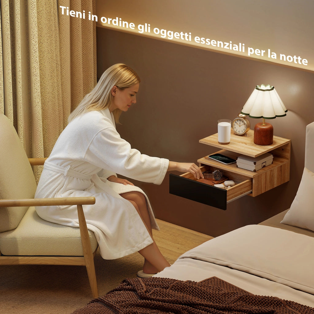 Set di 2 Comodini Sospesi 35x32x22,5 cm con Cassetto e Mensola Aperta in Legno Nero e Rovere