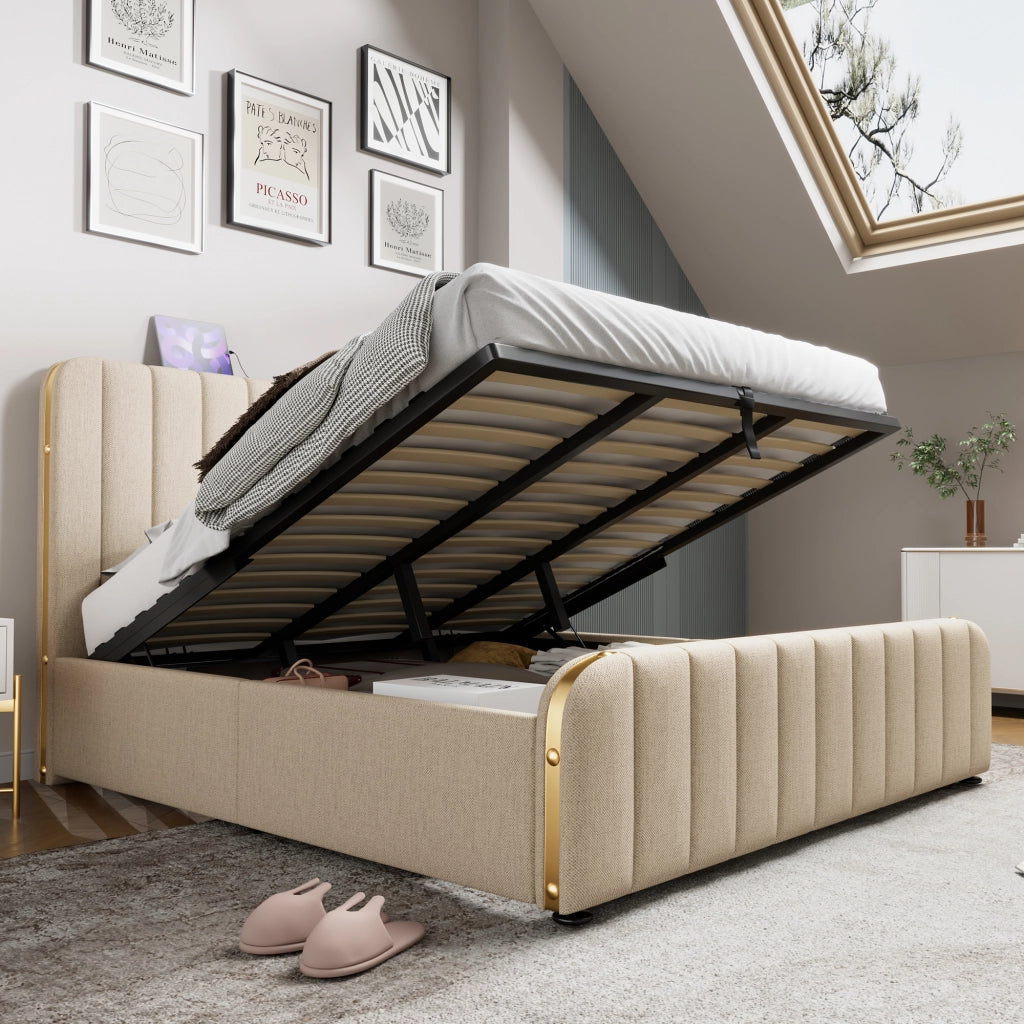 Letto matrimoniale in lino beige 180x200 strisce dorate USB Type-C sollevamento idraulico