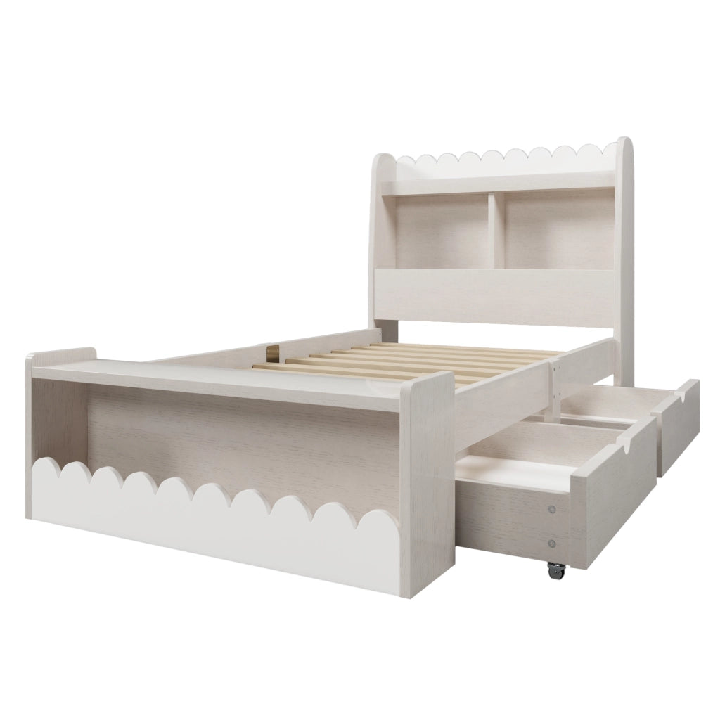 Letto per bambini 90x190 cm con 2 cassetti e ripiani; legno massello e MDF bianco e rovere chiaro