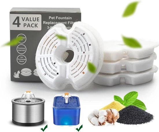 Set di 4 filtri per fontane per gatti da 2L, filtrazione tripla, polipropilene