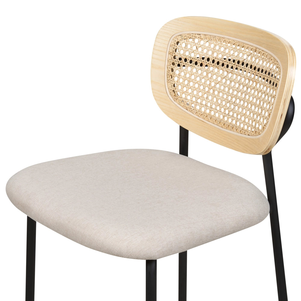 Set di 2 sedie da bar Rivestimento in tessuto beige chiaro Gambe in metallo nero Sgabelli senza braccioli Schienale curvo Sala da pranzo moderna Cucina