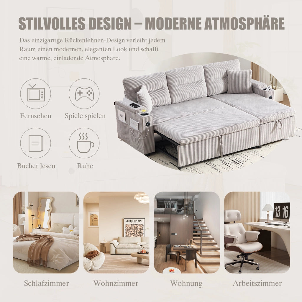 DIVANO 3 POSTI con chaise longue e letto estraibile 212,5x136x86 cm Corduroy Grigio Chiaro con USB-C