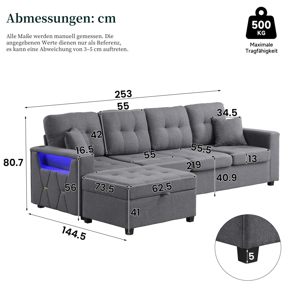 DIVANO ANGOLARE L 4 POSTI 253 cm Grigio Antico in Lino con pouf posizionabile