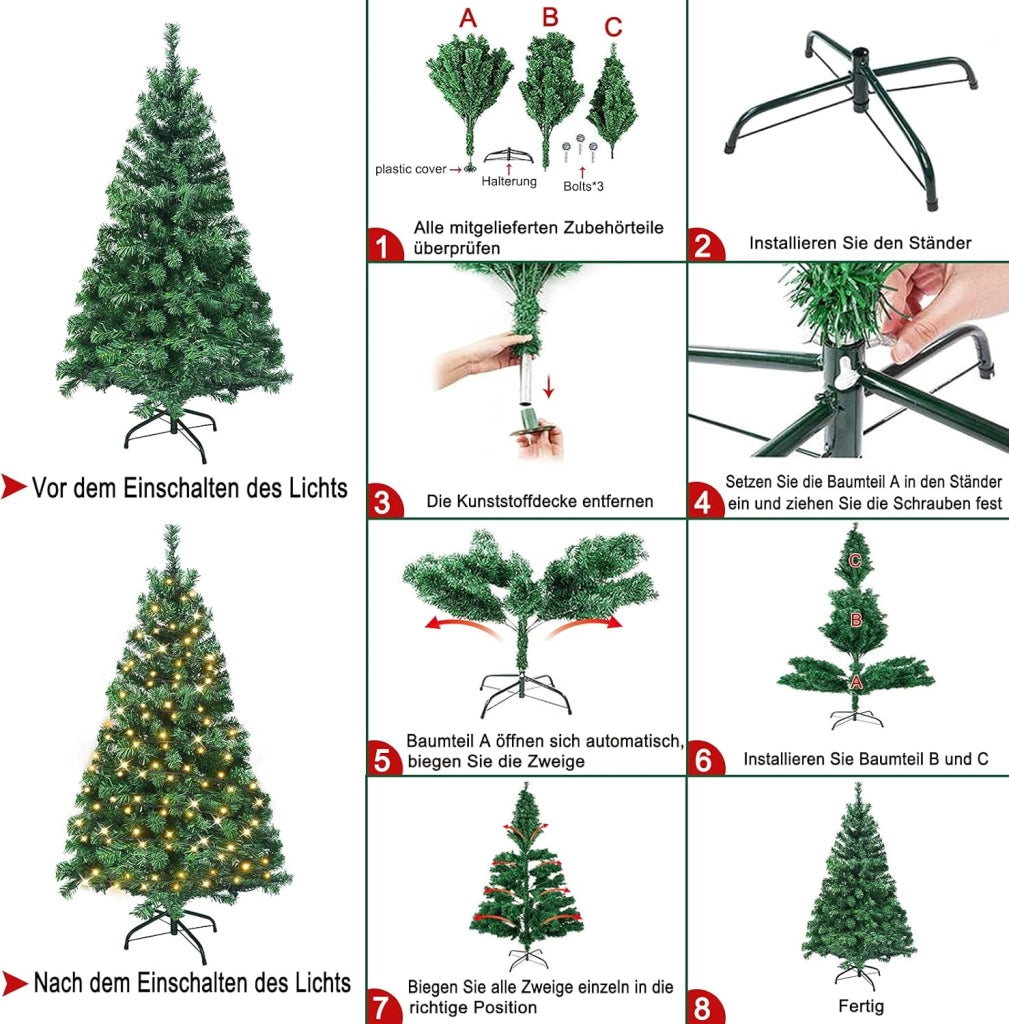 Albero di Natale artificiale con illuminazione, 180 cm, in PVC, artificiale, con 250 LED e supporto, decorazione natalizia, verde