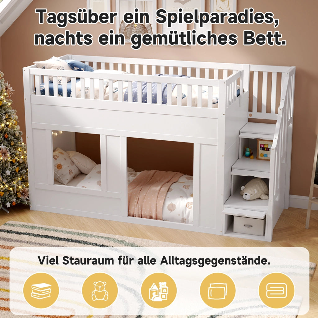 Letto a castello per bambini con scala armadio e area gioco, 90x200 cm, bianco