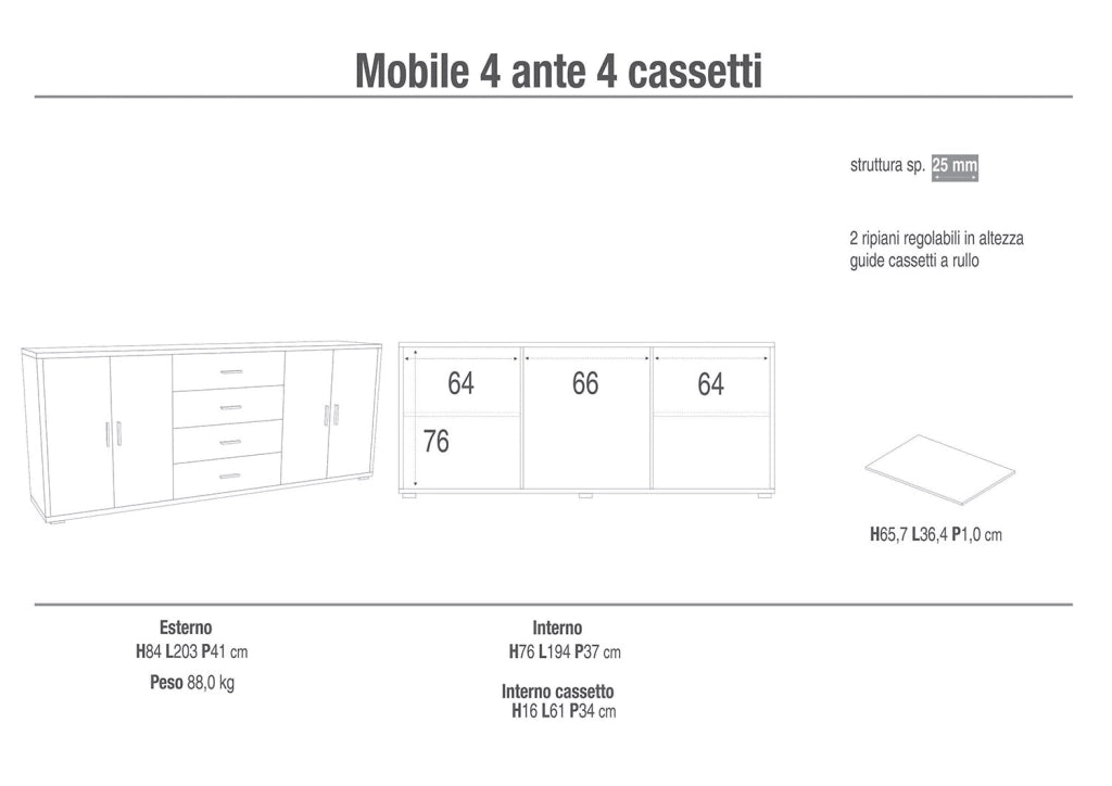 Mobile Basso 4 Ante 4 Cassetti 203x84x41 cm Ossido Bianco/Cemento