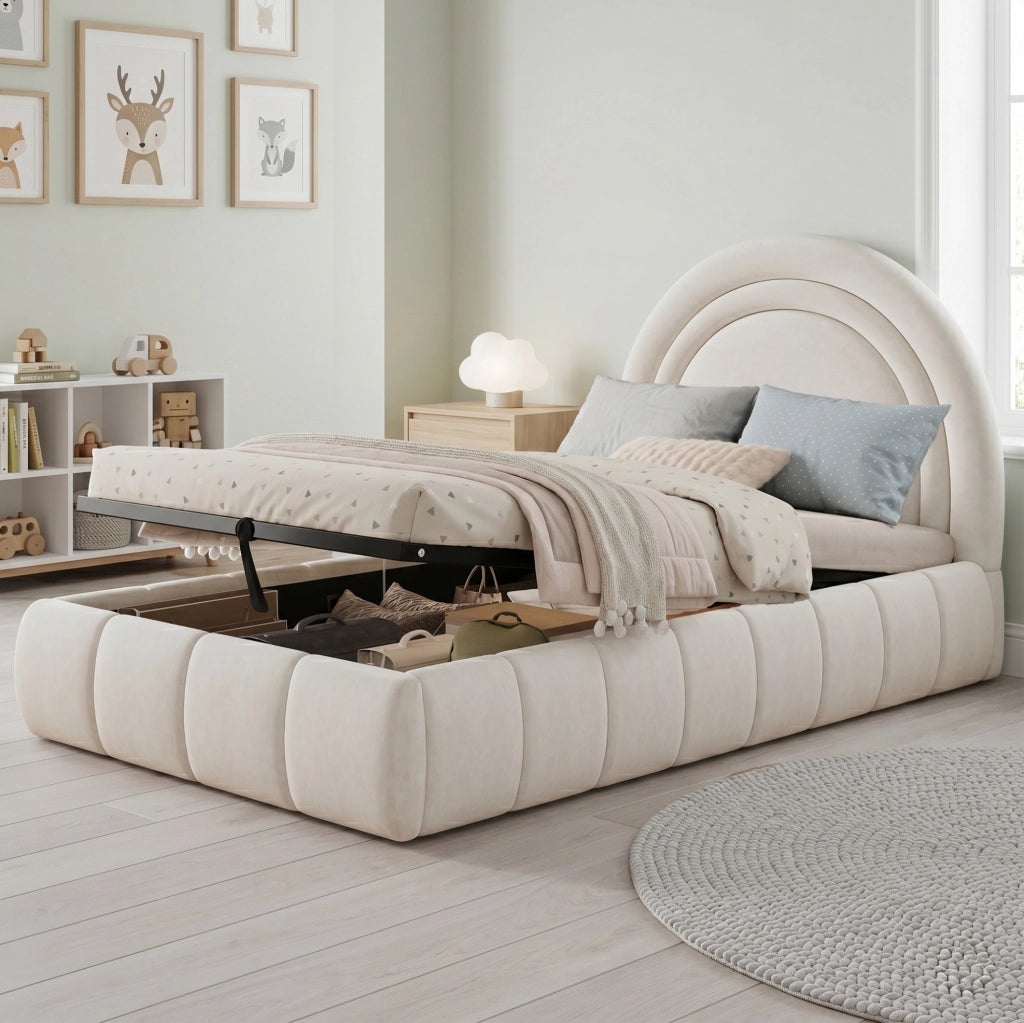 Letto imbottito per bambini 90x200 cm con contenitore e rete a doghe