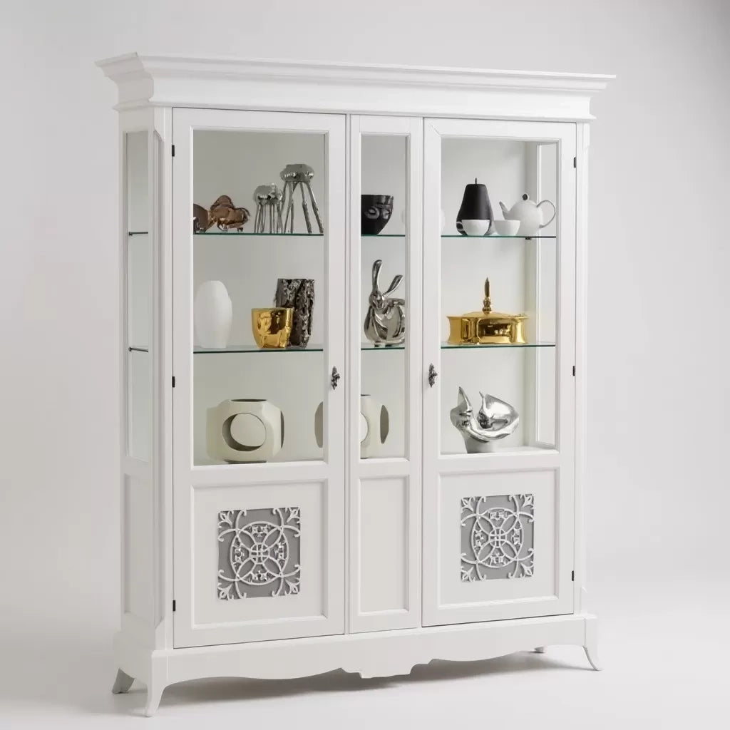 Vetrina 2 porte legno shabby bianco con intarsi 166x51x214 - Mobili 2G