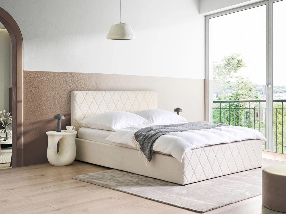 Letto matrimoniale Trapuntato Velluto Beige Rete a Doghe 160 x 200 cm con contenitore con base a doghe