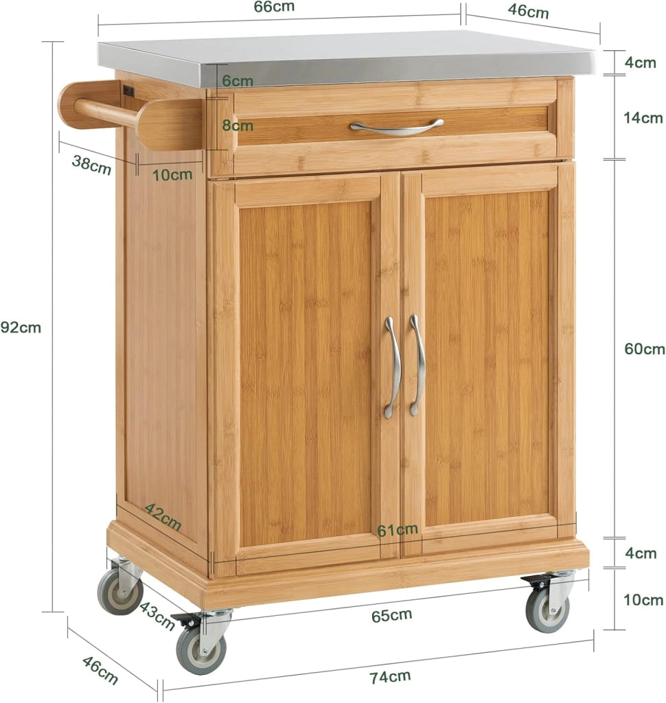 Carrello cucina con ruote, piano in acciaio inox, mobile cucina salvaspazio in bambù, isola cucina moderna – Ideale per cucina, sala da pranzo o ristorazione – 66x92x46 cm, FKW13-N