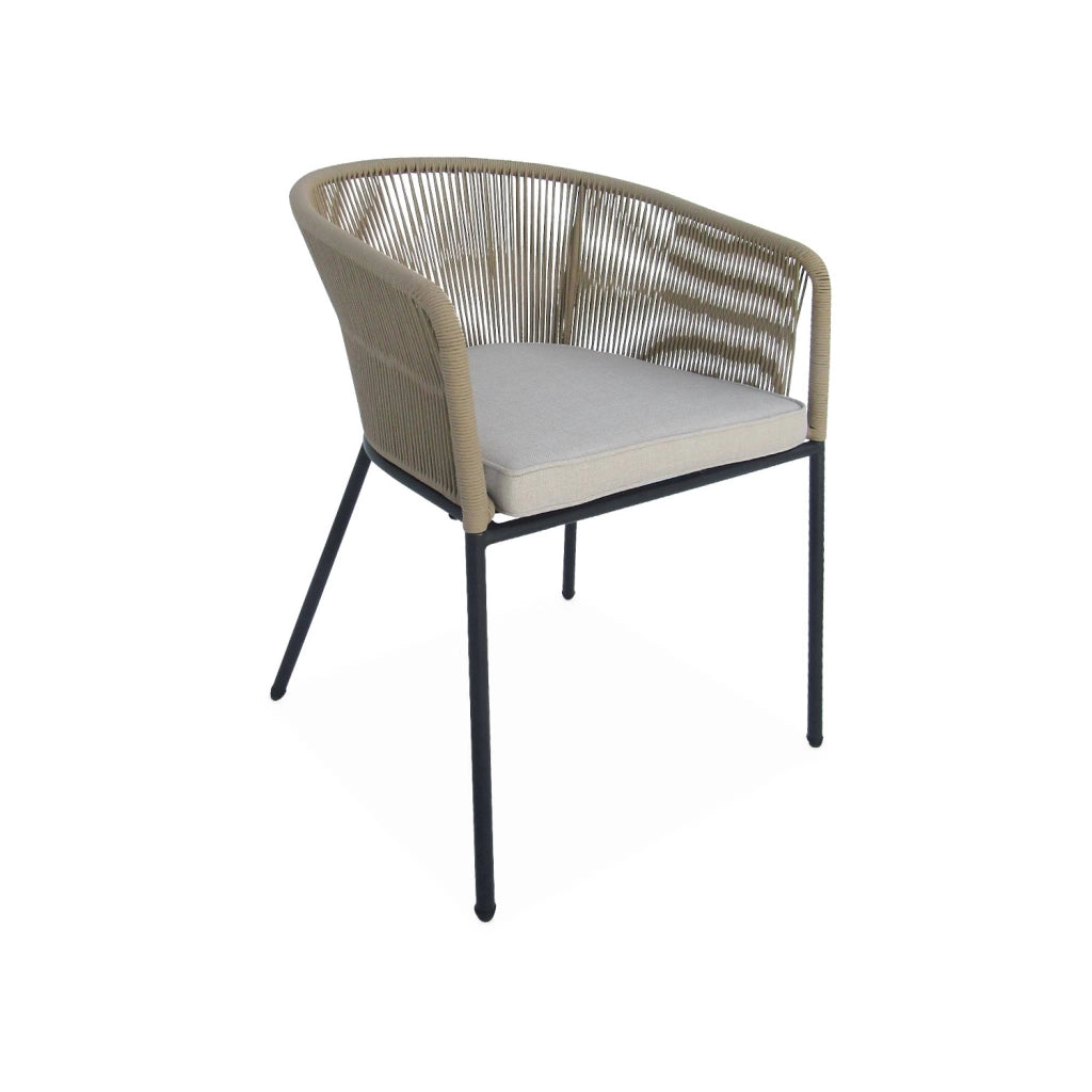 Set tavolo da pranzo rotondo in legno con 4 poltrone in corda, beige