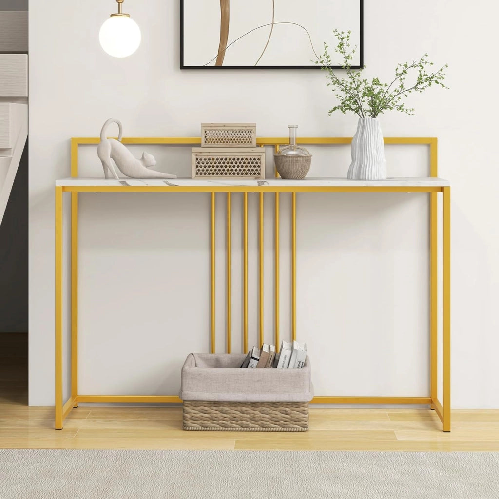 Consolle Ingresso, Mobile da Ingresso, Tavolo Alto e Stretto, Salvaspazio e Moderno, Con Struttura Metallica, Multiuso per Salotto e Corridoio, Portata 80 kg (Bianco)