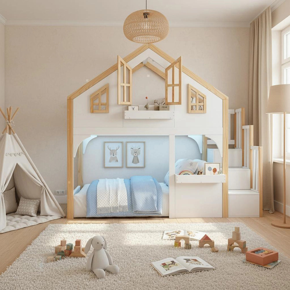 Letto a soppalco per bambini - Xylo - 90x200 cm - Bianco e colore naturale - LED e scala con vano