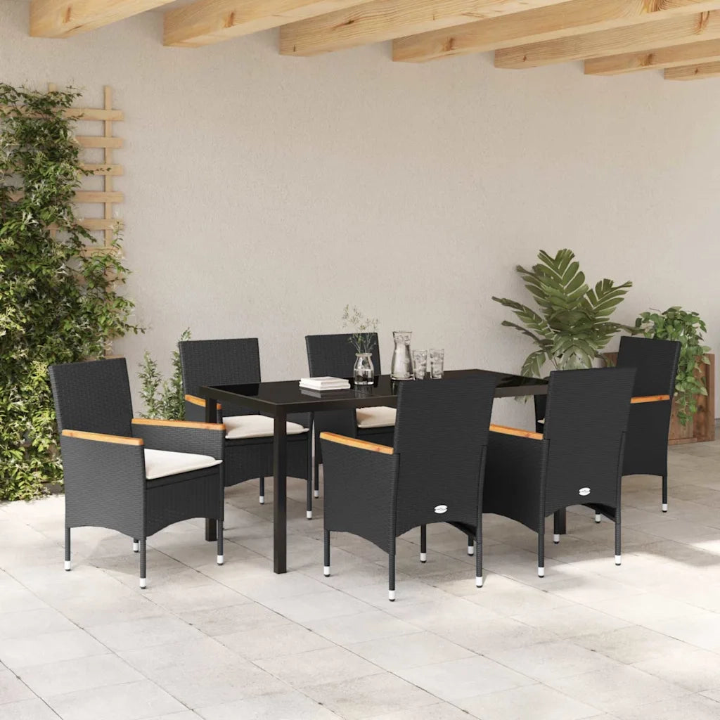 Set da Pranzo per Giardino con cuscino 7 pcs Nero polyrattan