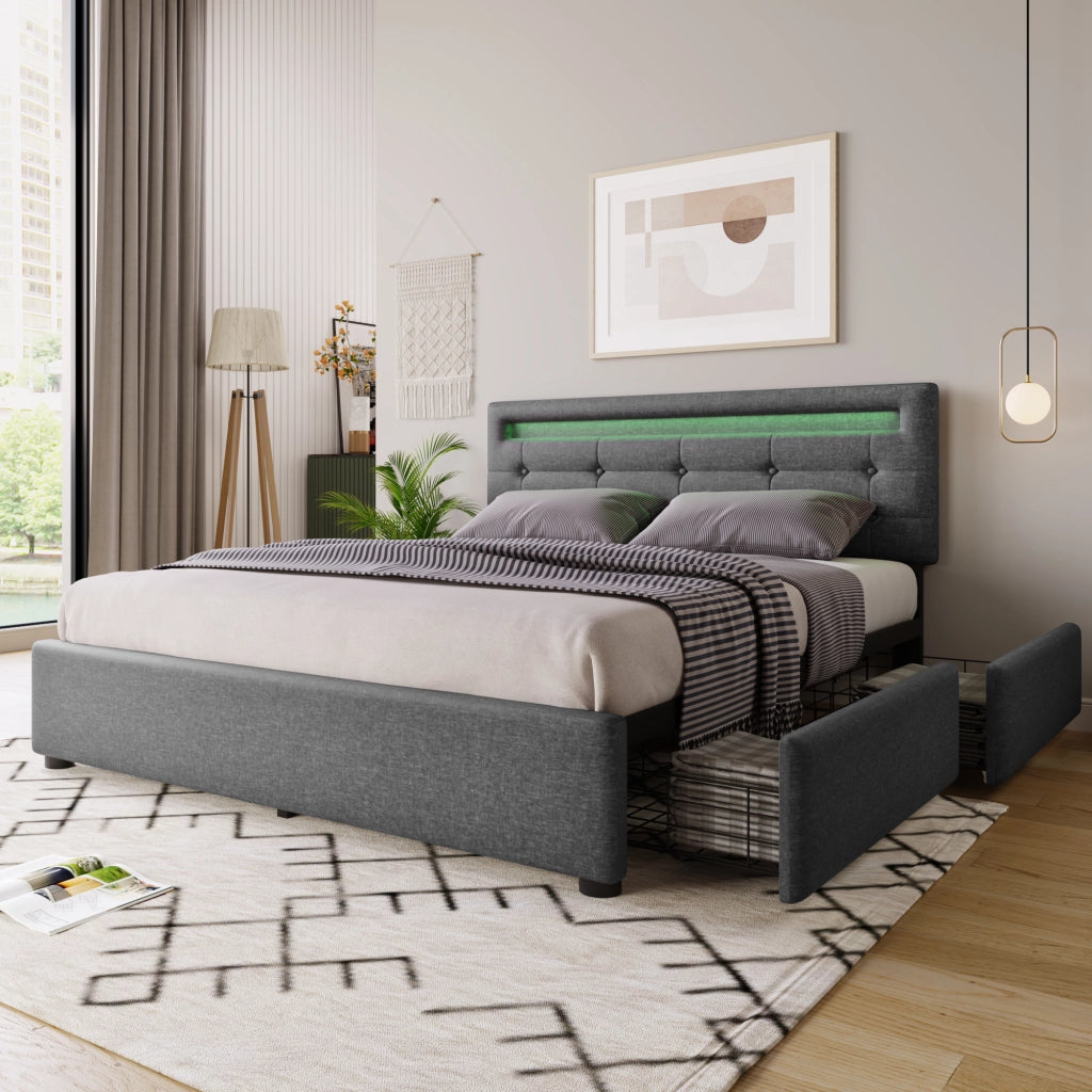 Letto con 4 Cassetti 140 x 200 cm; Matrimoniale; Testiera Regolabile e LED; senza Materasso; Grigio