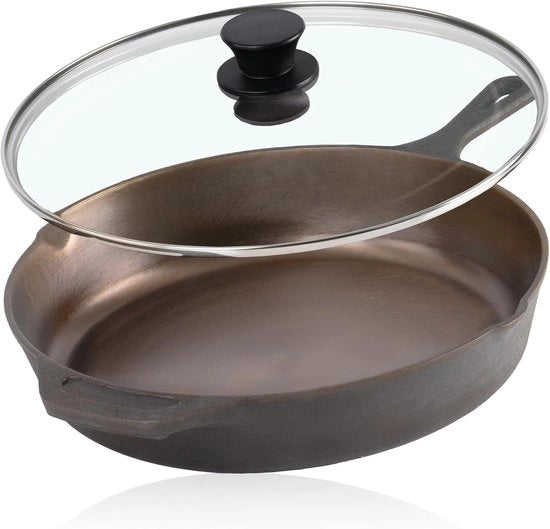 Padella in ghisa lucidata con coperchio - 29,5 cm, padella universale con beccucci per versare per grigliare e cucinare