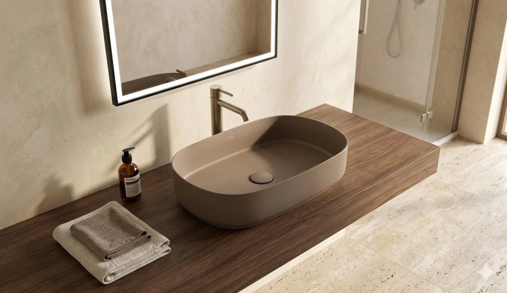 Lavabo ovale da appoggio senza troppo pieno in ceramica senza foro rubinetto - Tortora Opaco