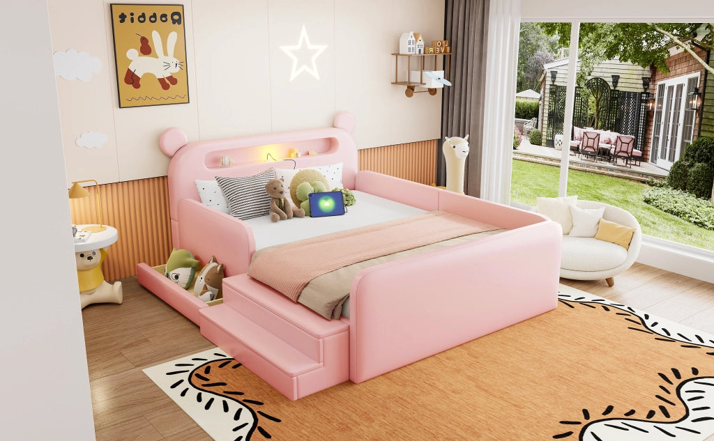 Letto imbottito per bambini con testiera a orso e USB, 140x200 cm, rosa