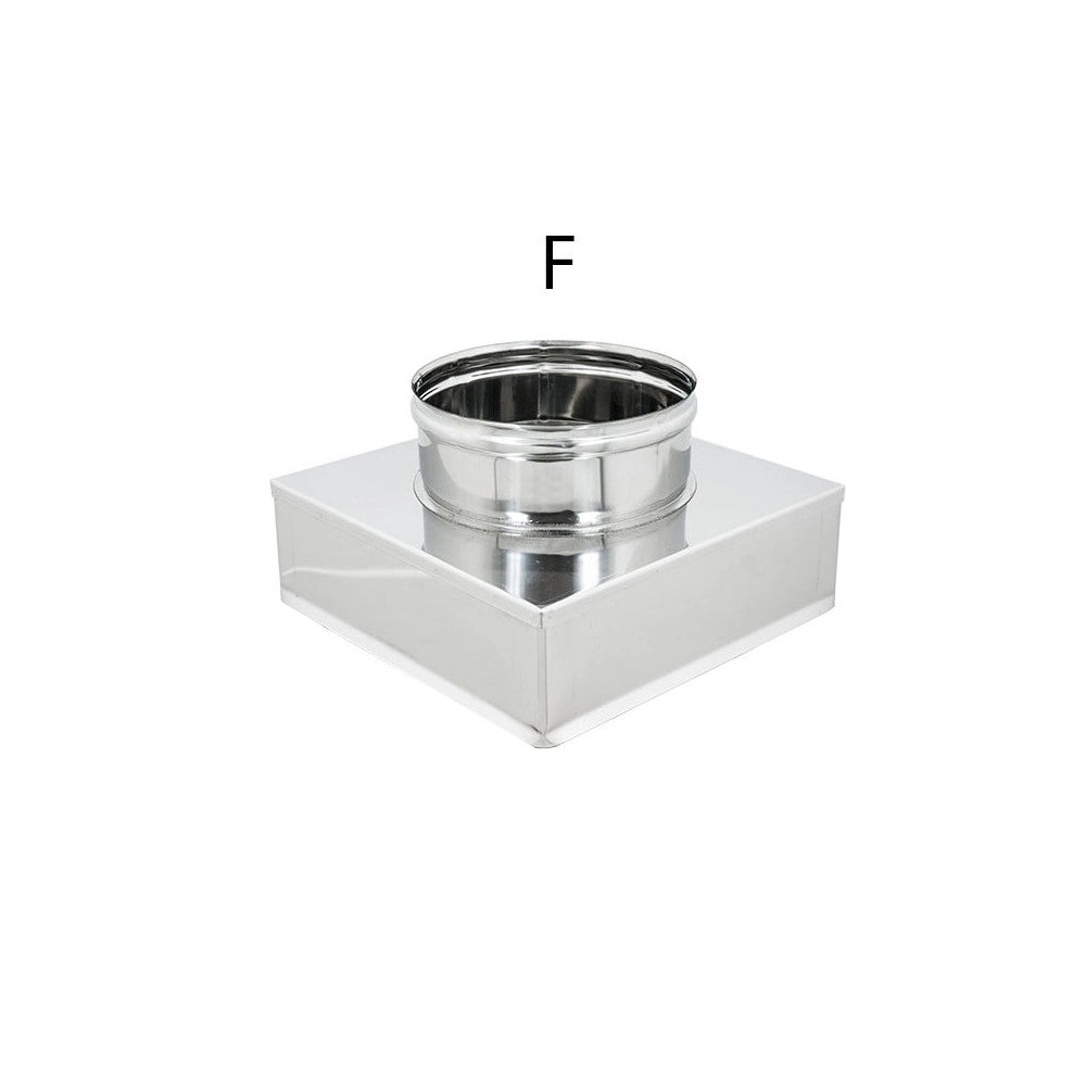 Riduzione inox aisi 304 da base quadra 200x200mm a tonda f variabile, diametro 100mm