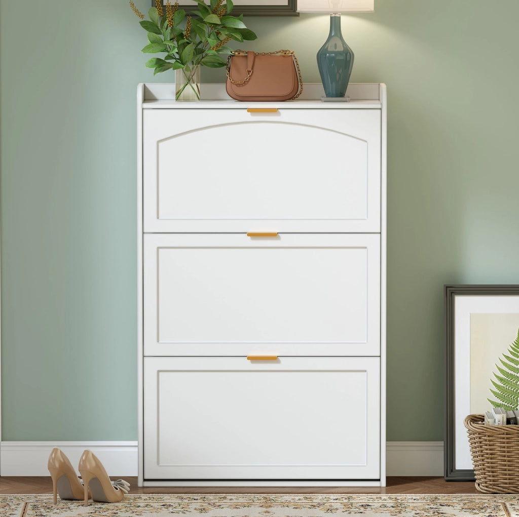 Scarpiera slim a 3 livelli in truciolare; bianca; 76x23x118 cm