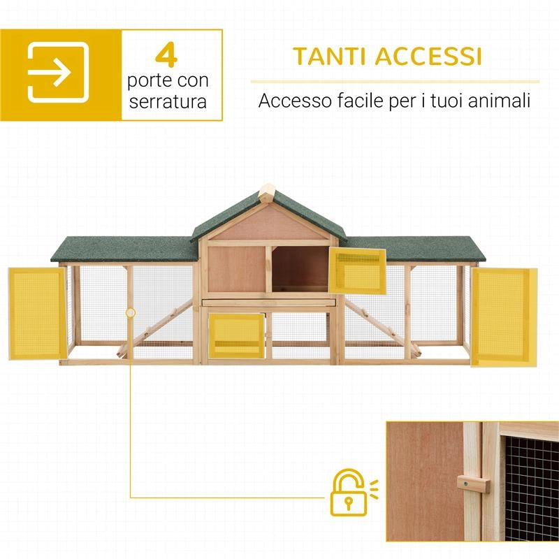 CONIGLIERA DA GIARDINO CON CORSA E RAMPE TETTO IMPERMEABILE, LEGNO, 210X45.5X84.5CM