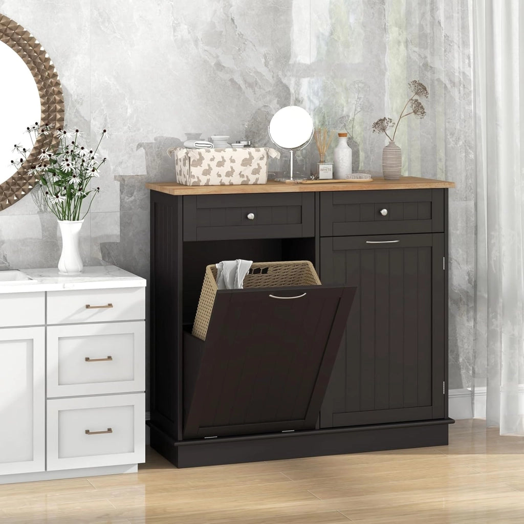 Armadio per Rifiuti da Cucina con Apertura a Ribalta, Mobile per Biancheria Autonomo con Piano in Legno di Gomma, Supporto per Cestino Nascosto, Ripiano Regolabile (Marrone)