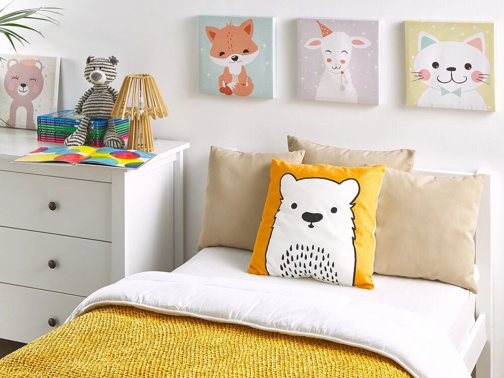 Cuscino per bambini Cuscino con immagine di orso in tessuto arancione con imbottitura morbida per bambini
