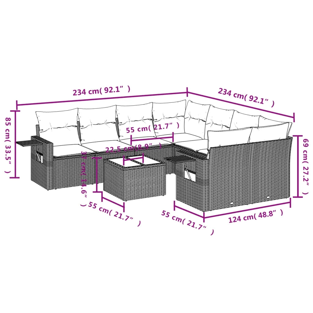 Set Divano da Giardino 9 pz con Cuscini Grigio in Polyrattan