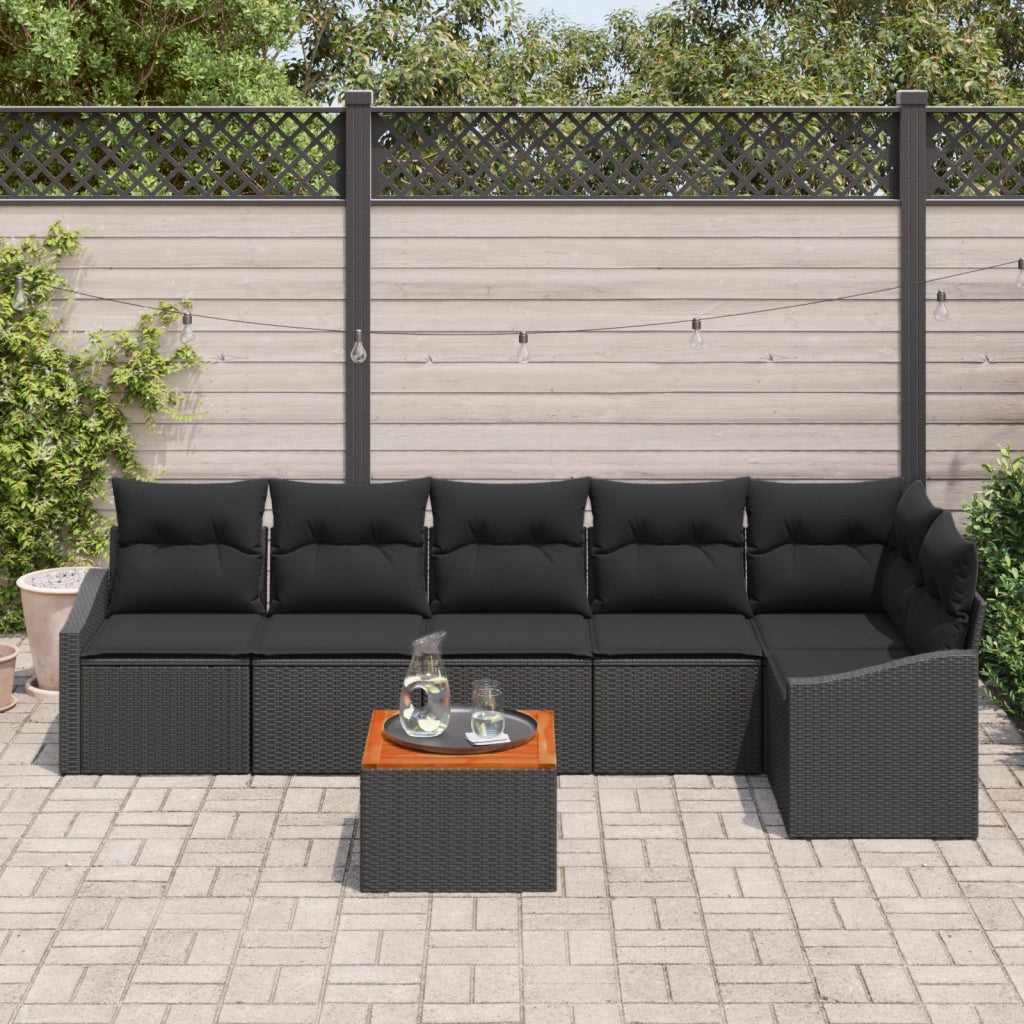 Set Divano da Giardino da 7 Pezzi con Cuscini Nero Polyrattan Acacia