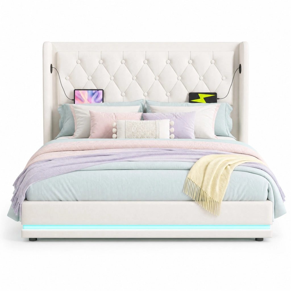 Letto matrimoniale contenitore 160x200 cm in PU bianco con LED; testiera imbottita e USB Tipo-C