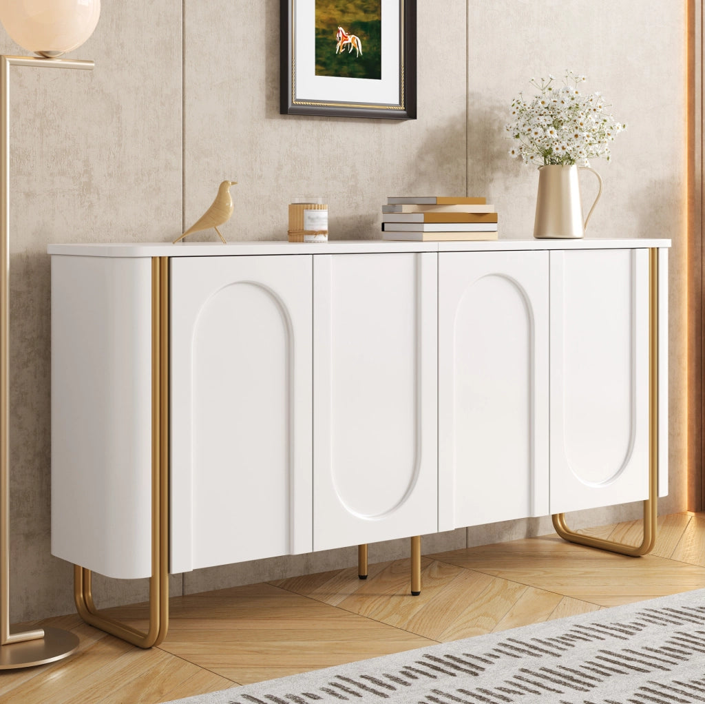Sideboard in MDF Weiß mit Bogenrelief, 4 Türen, Eisenfüße, 160x35x80,5 cm