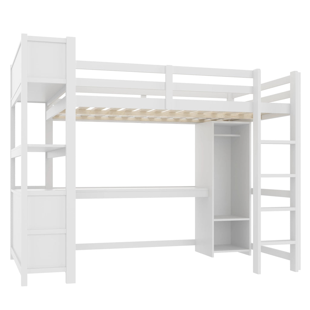 OKWISH Letto a soppalco 140×200 cm, Letto Matrimoniale con Scrivania, Armadio e Scaffali Contenitore, senza Materasso, in Pino, Bianco