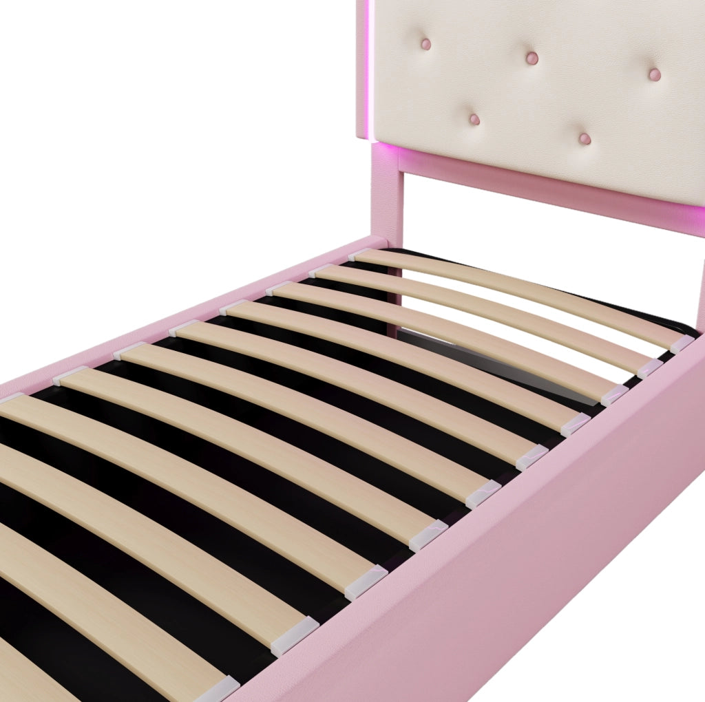Letto imbottito ULEVR 90x200 cm con contenitore idraulico, LED con telecomando e rete a doghe, rosa